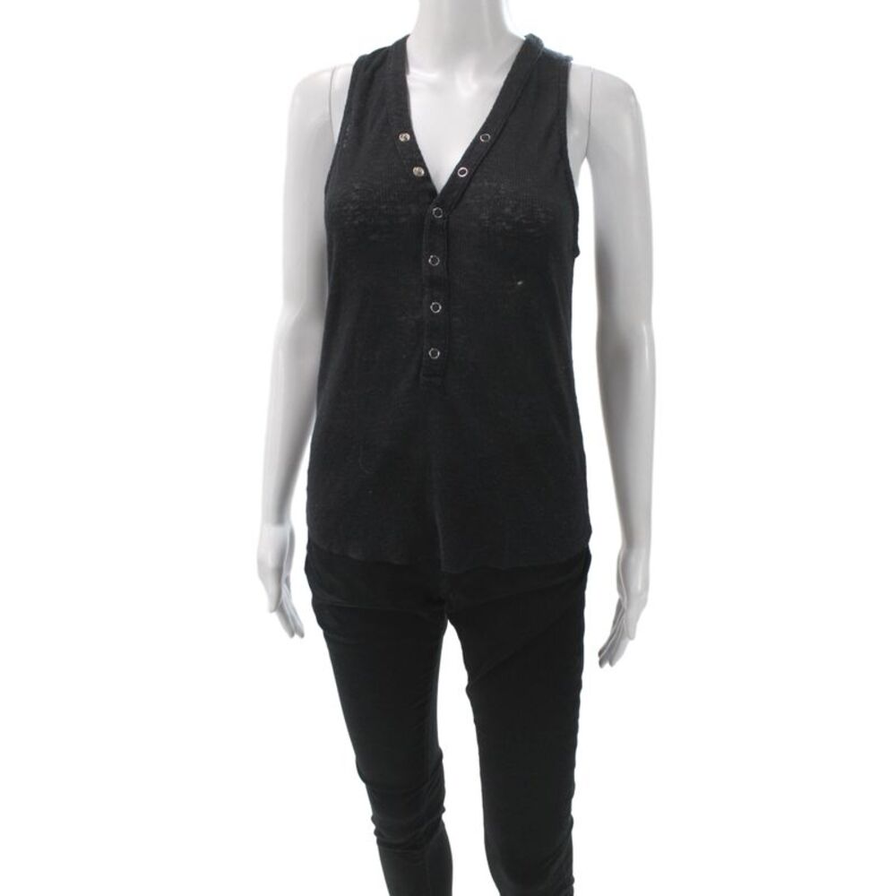 The Range Women Black Henley Button Sleeveless Tank Basic 50% Linen Size S